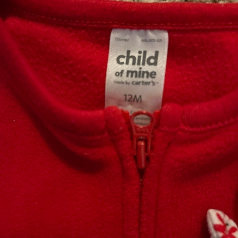 Carter’s | red fleece zip up coat with black and white bows| 12 mo - Picture 3 of 5